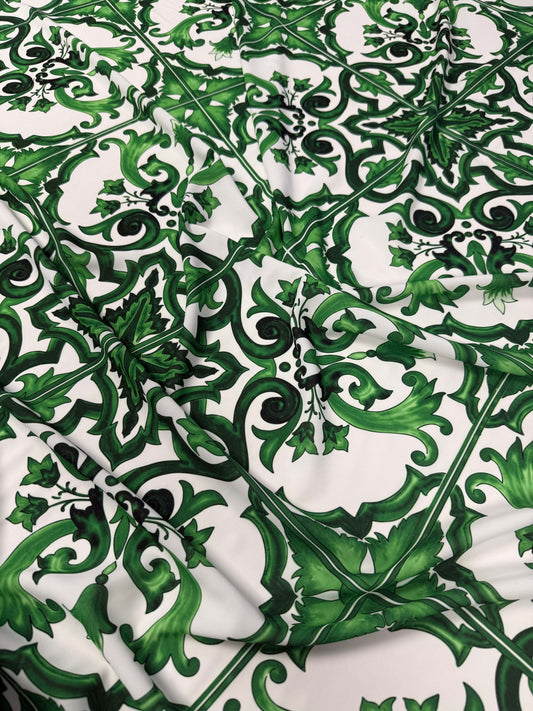 Green Baroque Tile Pattern Fabric – Fabric by Metre, Multiple Options for Sewing & Dressmaking
