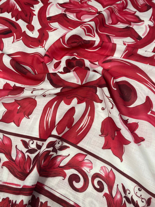Red Baroque Pattern Linen Fabric for Upholstery and Crafts
