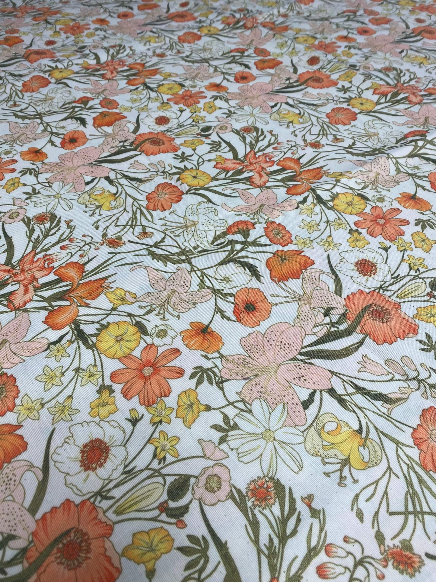 Orange Floral Patterned Linen Fabric for Sewing and Crafting