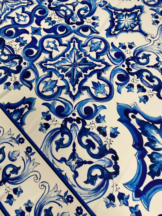 Blue and White Majolica Tile Print Fabric – Custom Printed Fabric, Choose Material by Metre