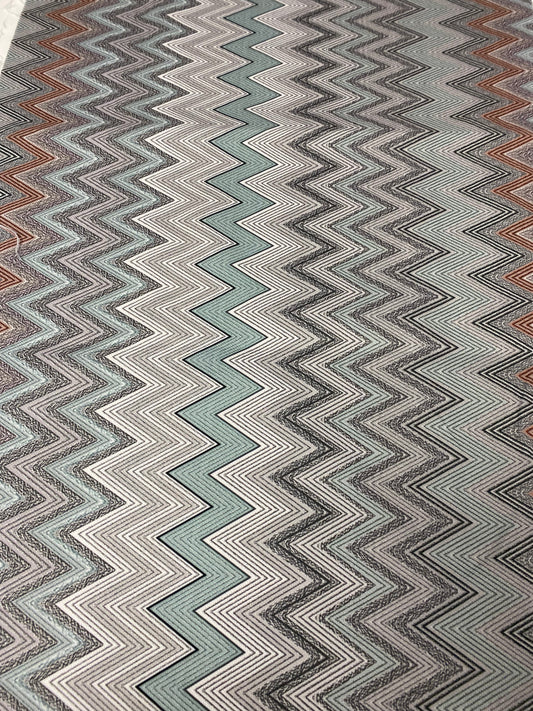 Geometric Chevron Pattern Fabric – Soft Textured Knit in Mint, Black & Rust Tones for Apparel and Home Decor