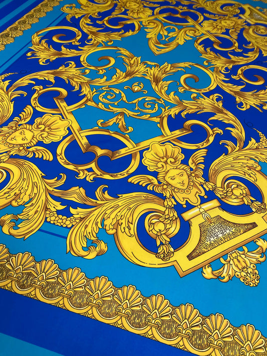 Blue & Gold Baroque Crepe Fabric by the Metre – Luxury