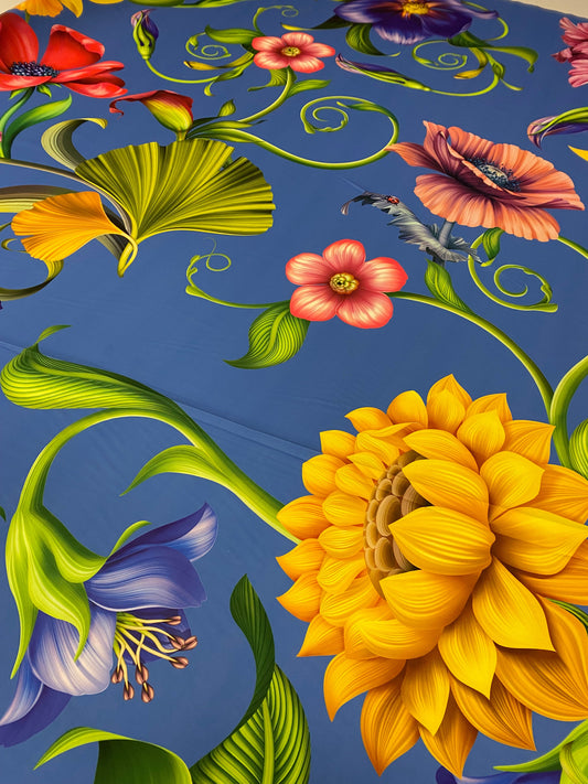 Vibrant Floral Crepe Fabric by the Metre – Blue Sunflower