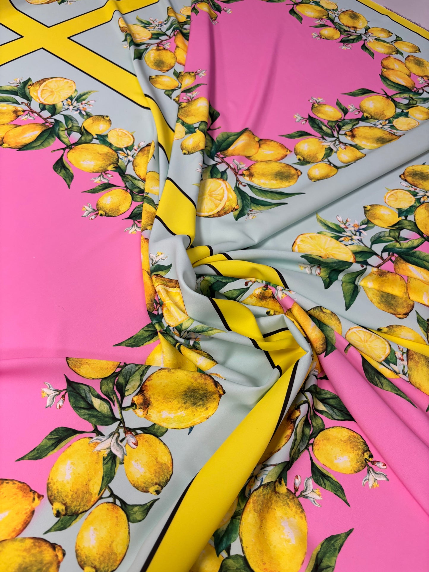 Pink Lemon Print Satin Fabric by the Metre – Mediterranean Summer