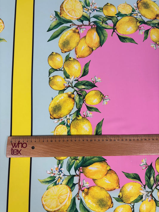 Pink Lemon Print Satin Fabric by the Metre – Mediterranean Summer