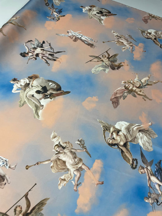 Sky Print Satin Fabric with Renaissance Angel Design
