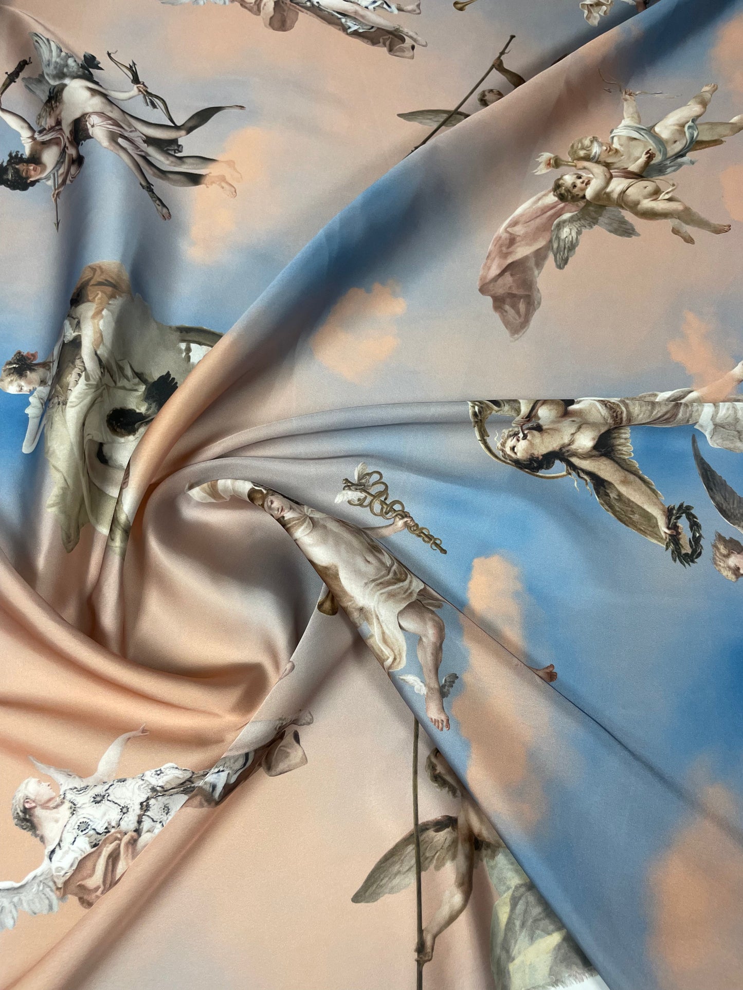 Sky Print Satin Fabric with Renaissance Angel Design