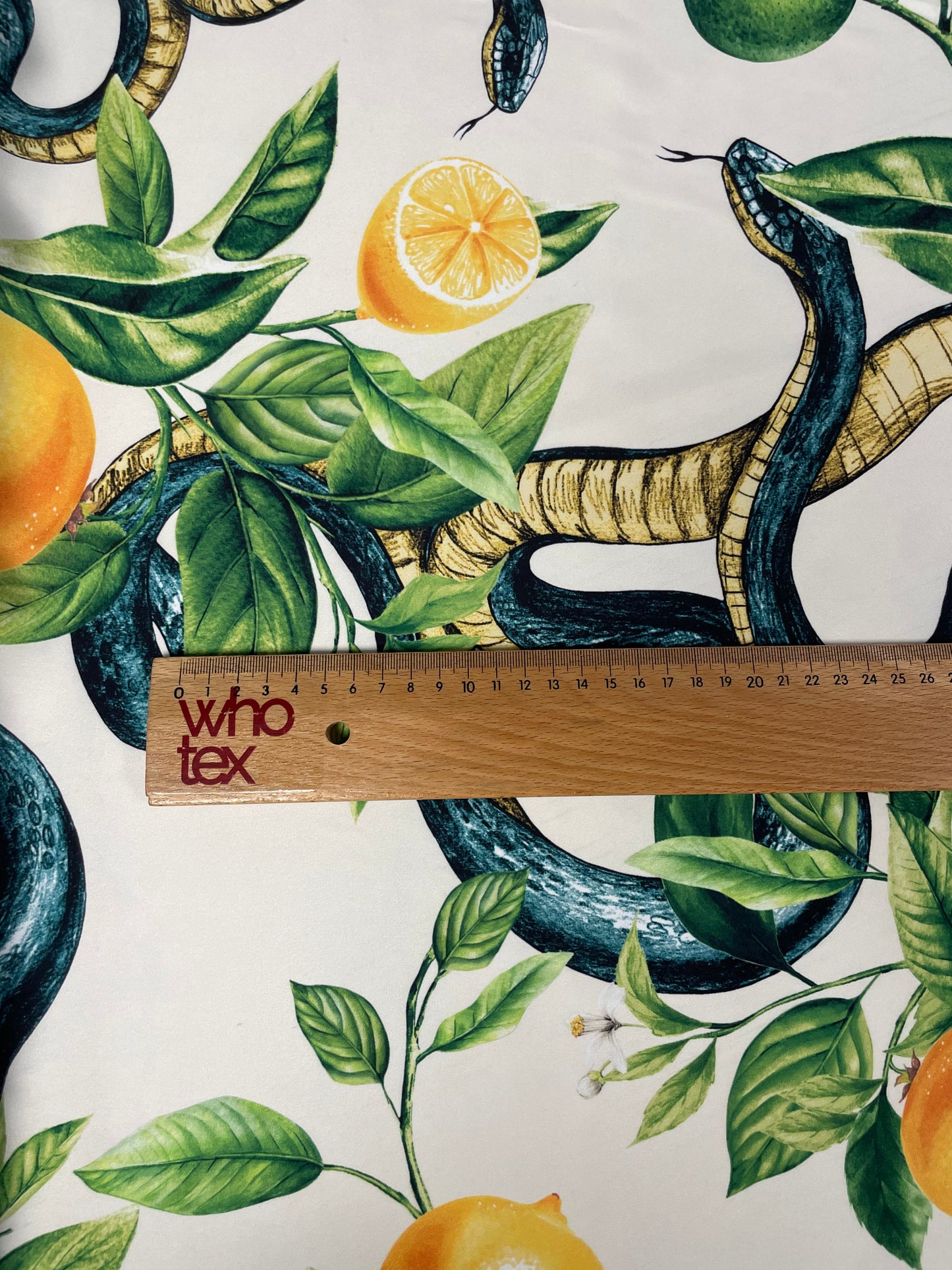 White Satin Fabric with Snake & Citrus Fruit Design