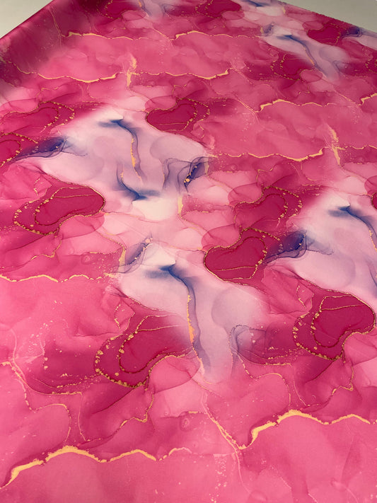 Pink Marble Satin Fabric with Artistic Watercolor Design