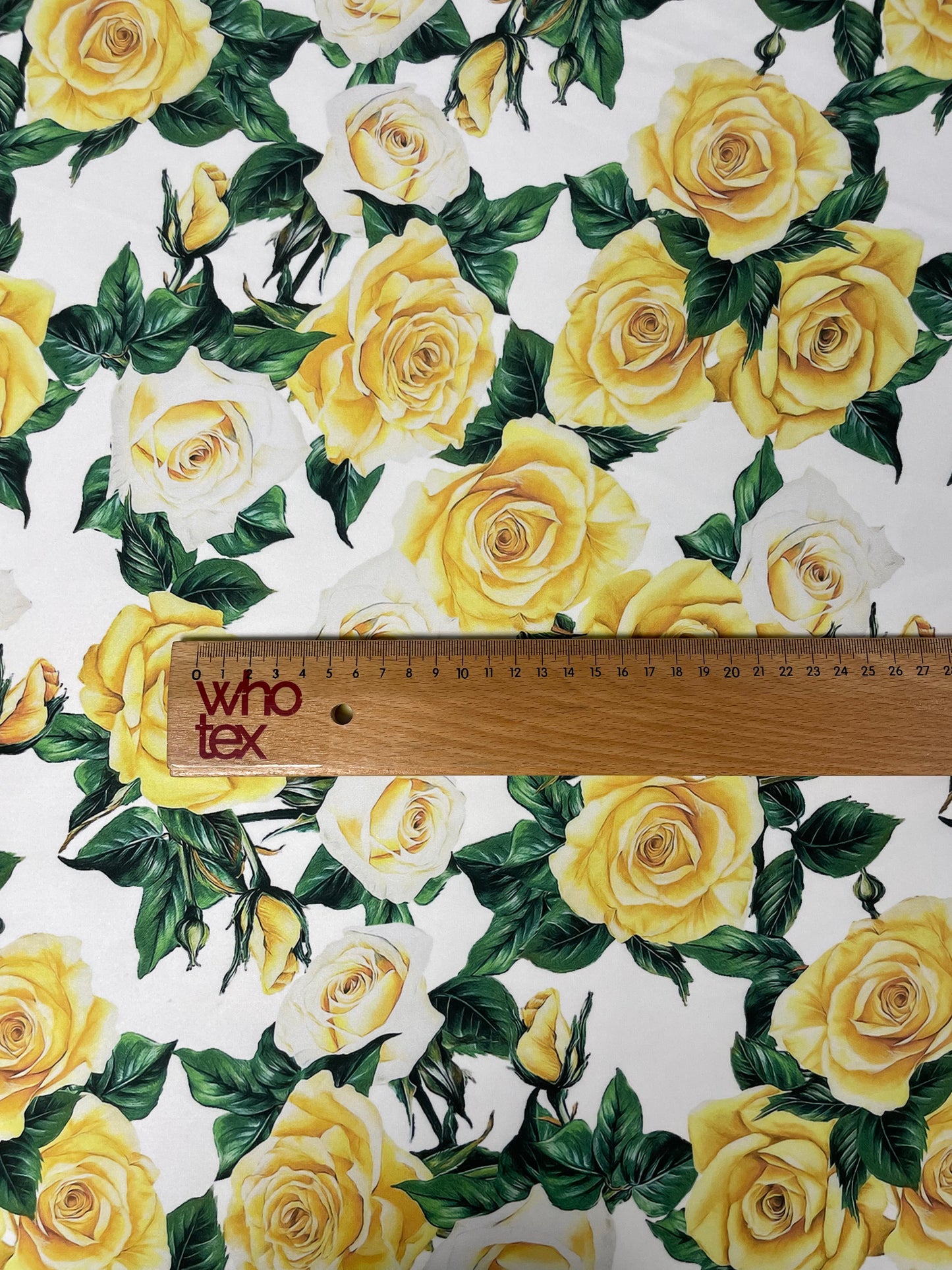 White Satin Fabric with Yellow Rose Floral Print