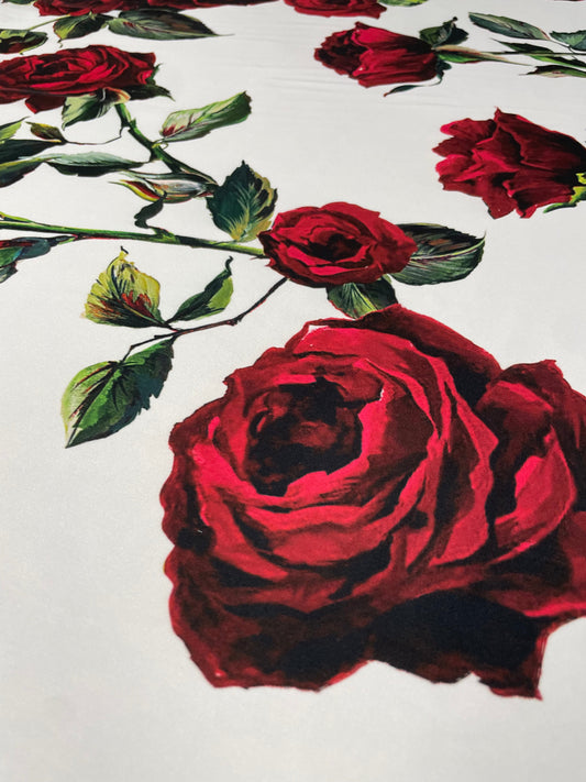 White Satin Fabric with Red Rose Floral Print