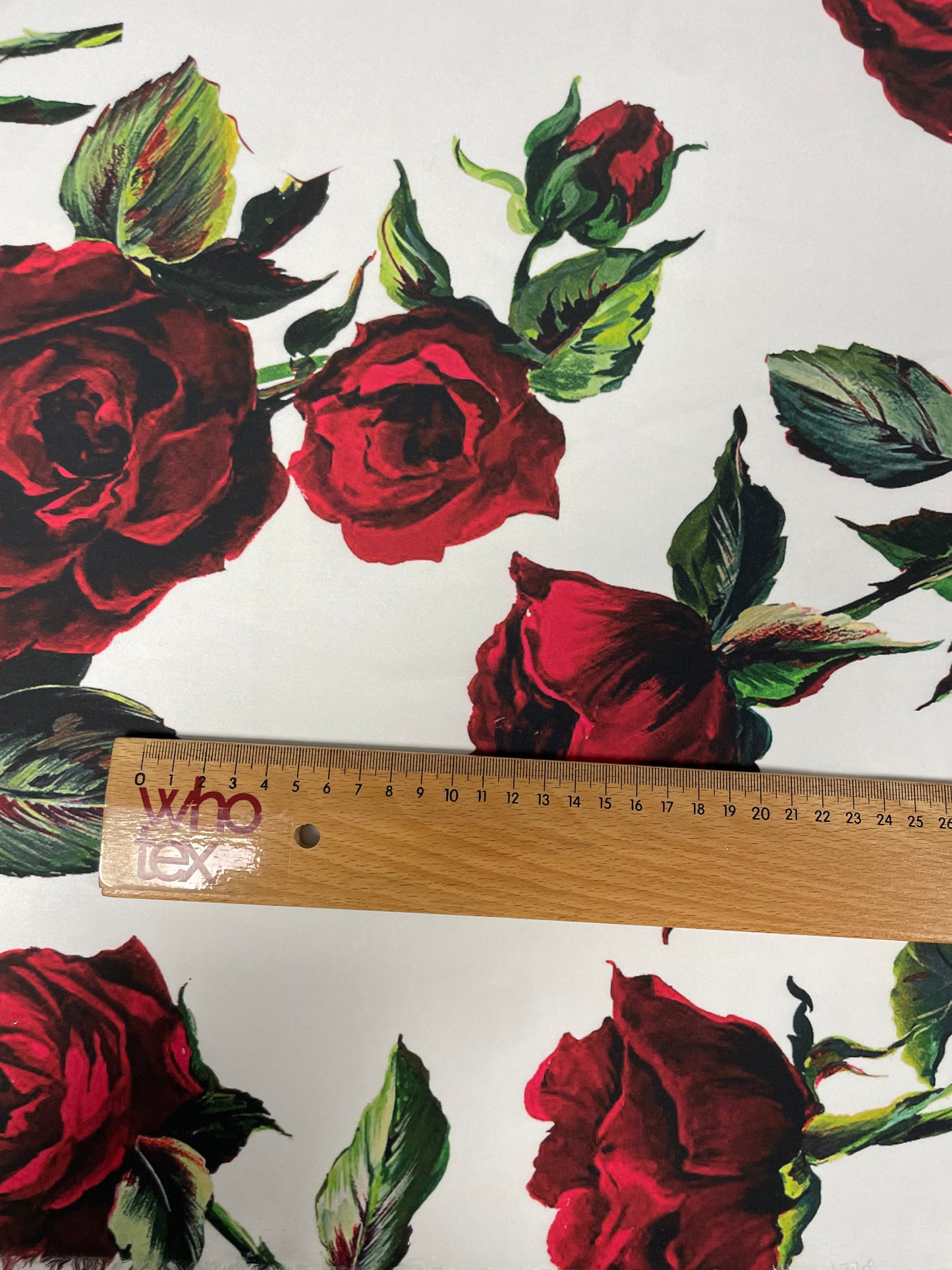 White Satin Fabric with Red Rose Floral Print