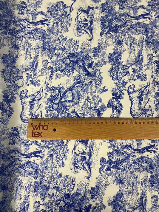 Blue Toile de Jouy Print Fabric on White Satin