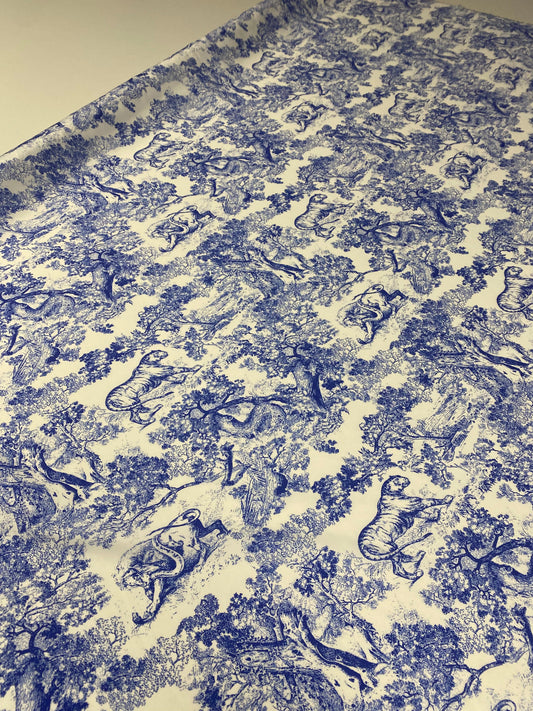 Blue Toile de Jouy Print Fabric on White Satin