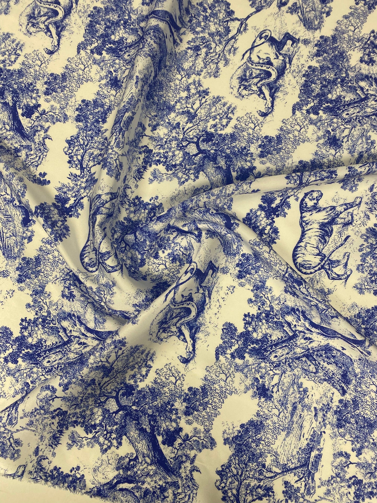 Blue Toile de Jouy Print Fabric on White Satin