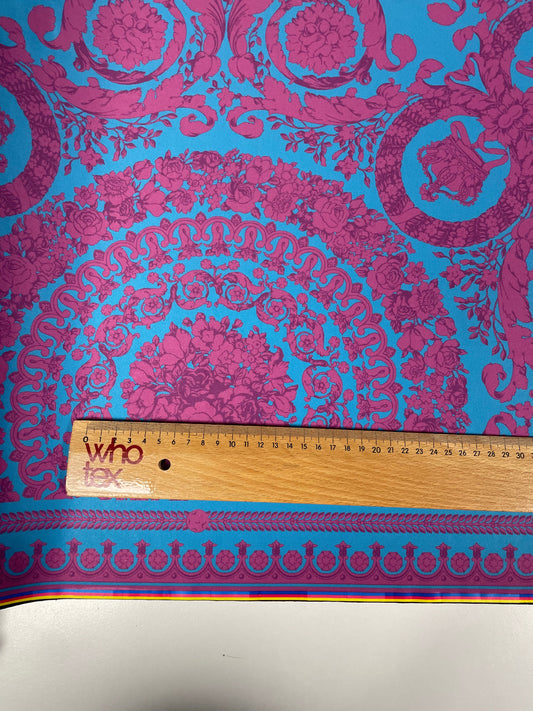 Baroque Floral Spandex Fabric Turquoise Pink by the Metre