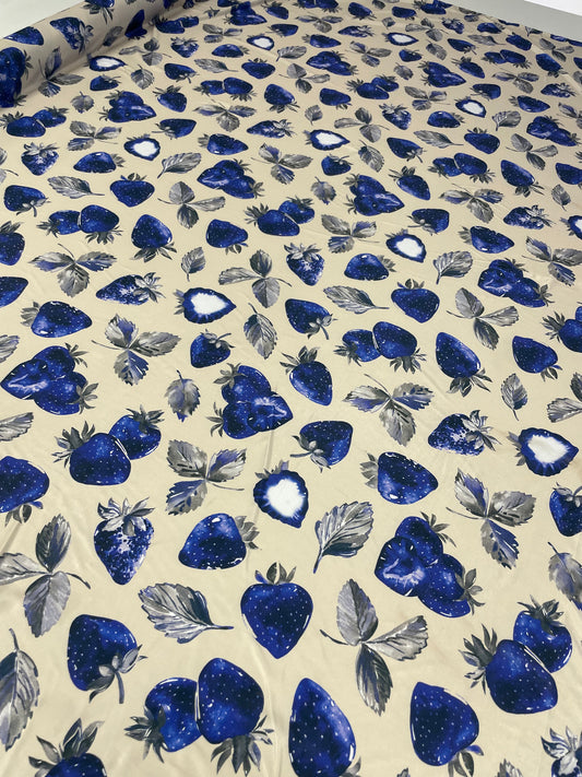 Blue Strawberry Print Spandex Fabric by the Metre