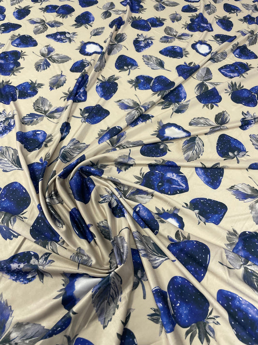 Blue Strawberry Print Spandex Fabric by the Metre