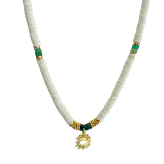 Solaana White Beaded Necklace with Gold Sun Charm