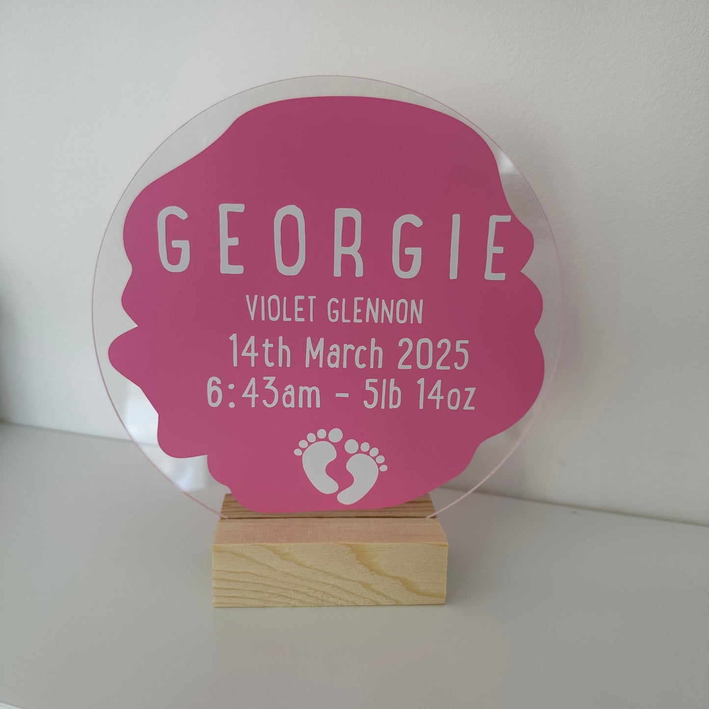 New Baby Personalised Gift Acrylic Plaque Sign With Wooden Base