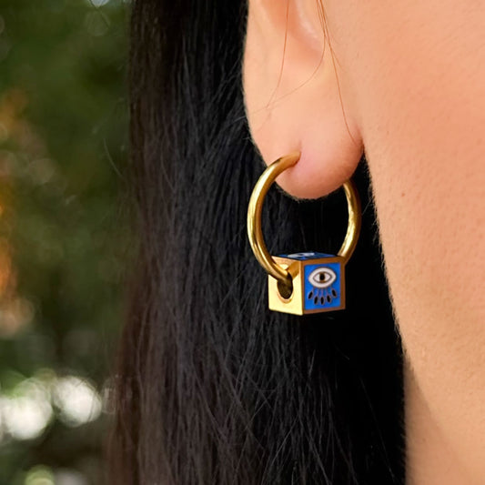Jameela Luxe 18k Gold Plated Cobalt Evil Eye Charm Hoop Earrings