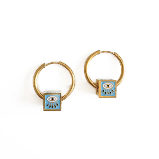 Jameela Luxe 18k Gold Plated Turquoise Evil Eye Charm Hoop Earrings