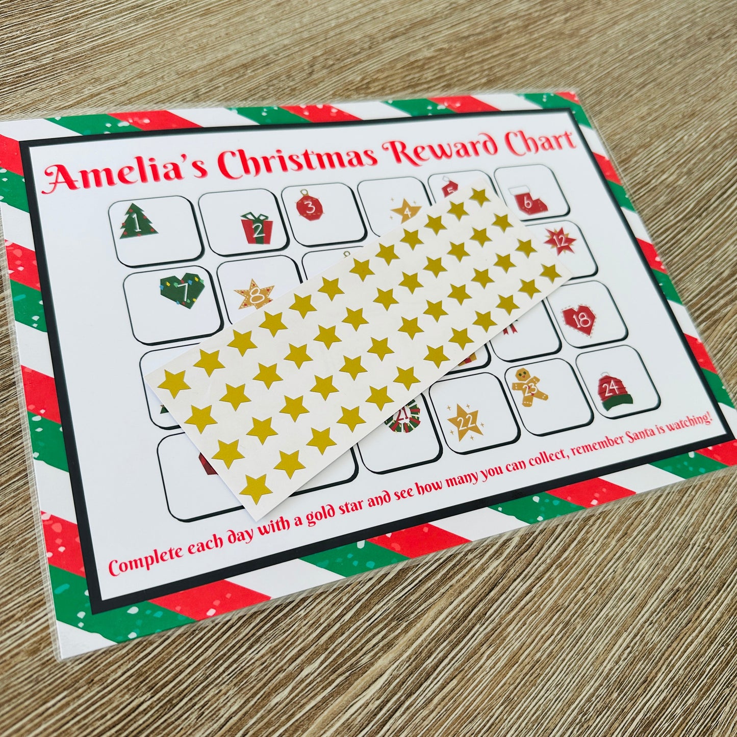 Personalised Name Christmas Reward Chart Santa Winter Christmas Seasonal Wall Home Decor Print - Laminated With Gold Stars