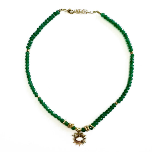 Soleia Green Boho Beaded Necklace with Sunburst Pendant