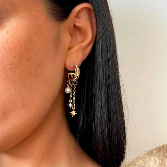 Estella Triple Hoop Celestial Pearl Earrings