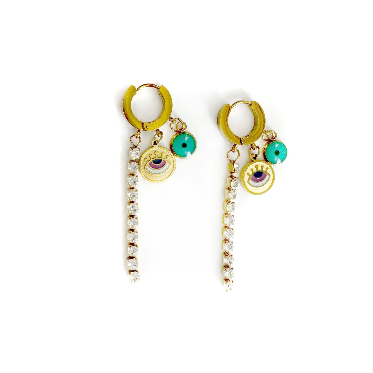 Leelee Luxe 18k Gold Plated Jewelled Evil Eye Charm Dangle Hoop Earrings
