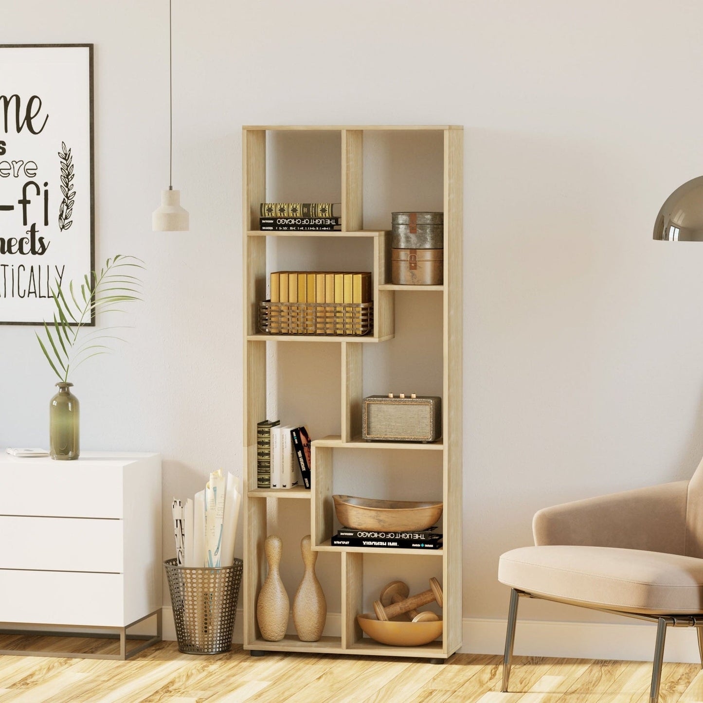 Eight-Section Tall Shelving Unit - Oak Effect