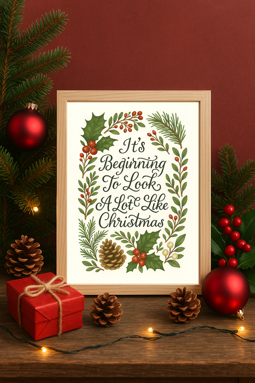 It’s Beginning Christmas Quote Wall Art – Festive Holly & Pinecone Holiday Print