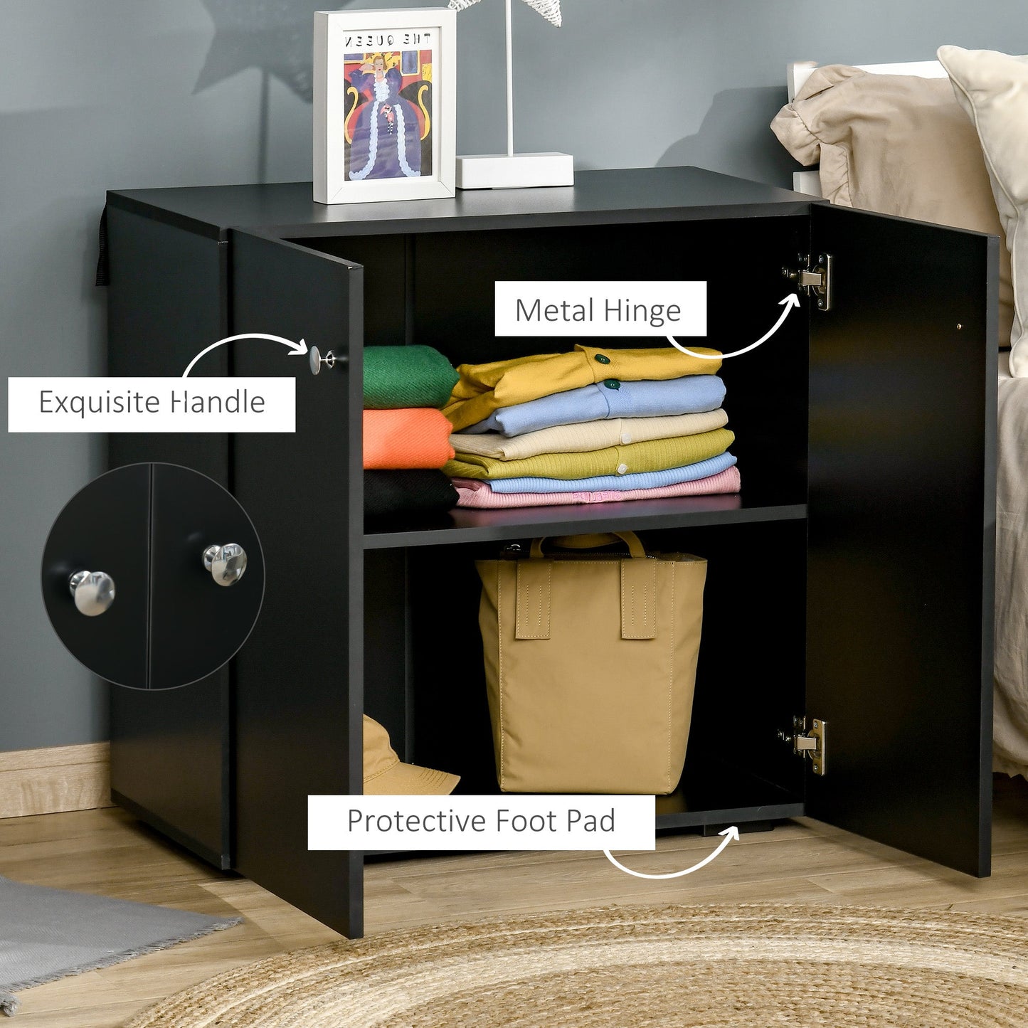 Storage Cabinet With Two Shelves Wooden Sideboard Freestanding Kitchen Cupboard Bookcase Black