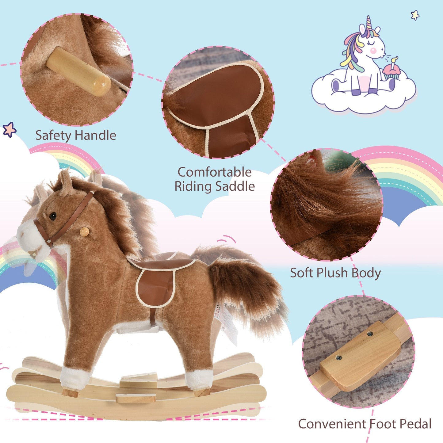 Kids Ride On Plush Rocking Horse With Sound Brown