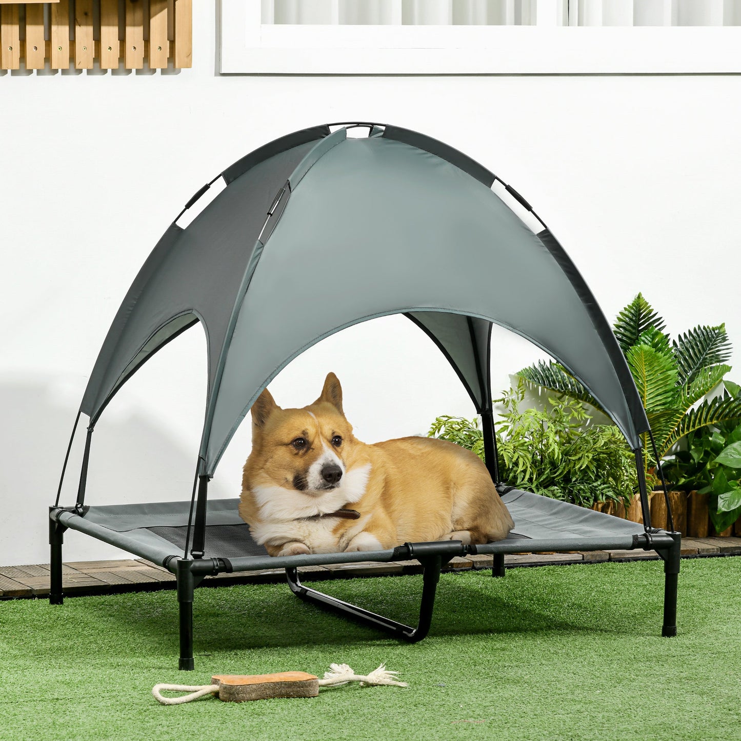 Pawhut Raised Dog Bed Waterproof Elevated Pet Cot With Breathable Mesh Uv Protection Canopy Grey
