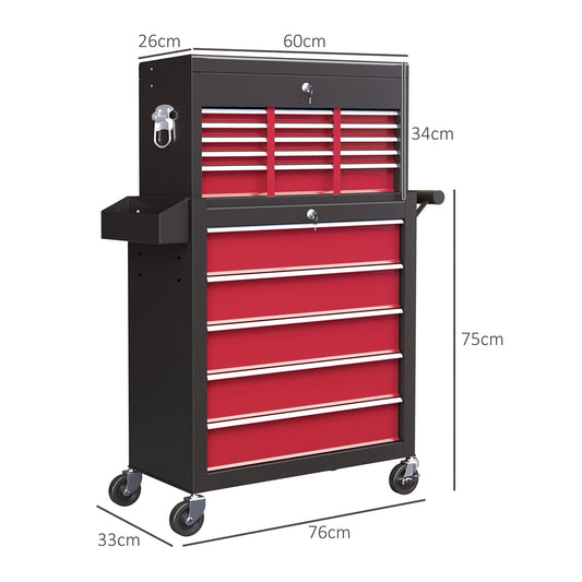 Rolling Tool Cabinet on Wheels w/ 14 Drawers, Pegboard & Side Rack, Lockable Top Tool Chest & Roller Cabinet Combo for Workshop Home | HOMCOM