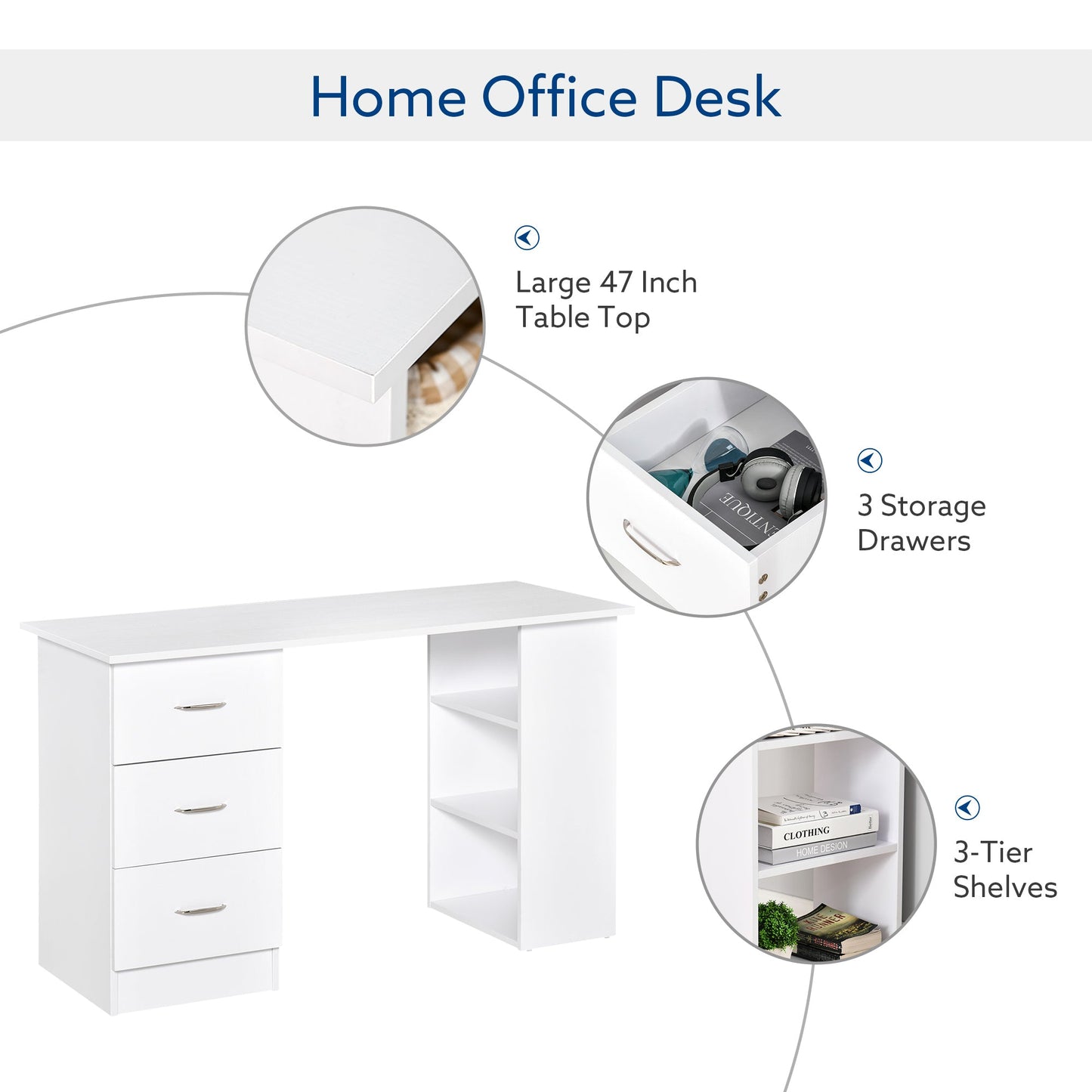 120cm Computer Desk Writing Table Pc Workstation Study Laptop Stationery With 3 Shelf & Drawers White