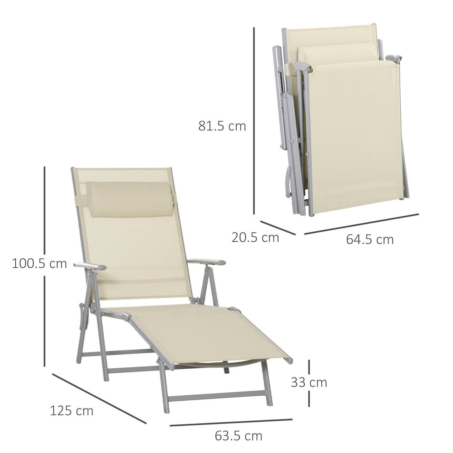 Steel Fabric Sun Lounger Outdoor Texteline Folding Chaise Lounge Chair Recliner with Portable Design & 7 Adjustable Backrest Positions - Beige