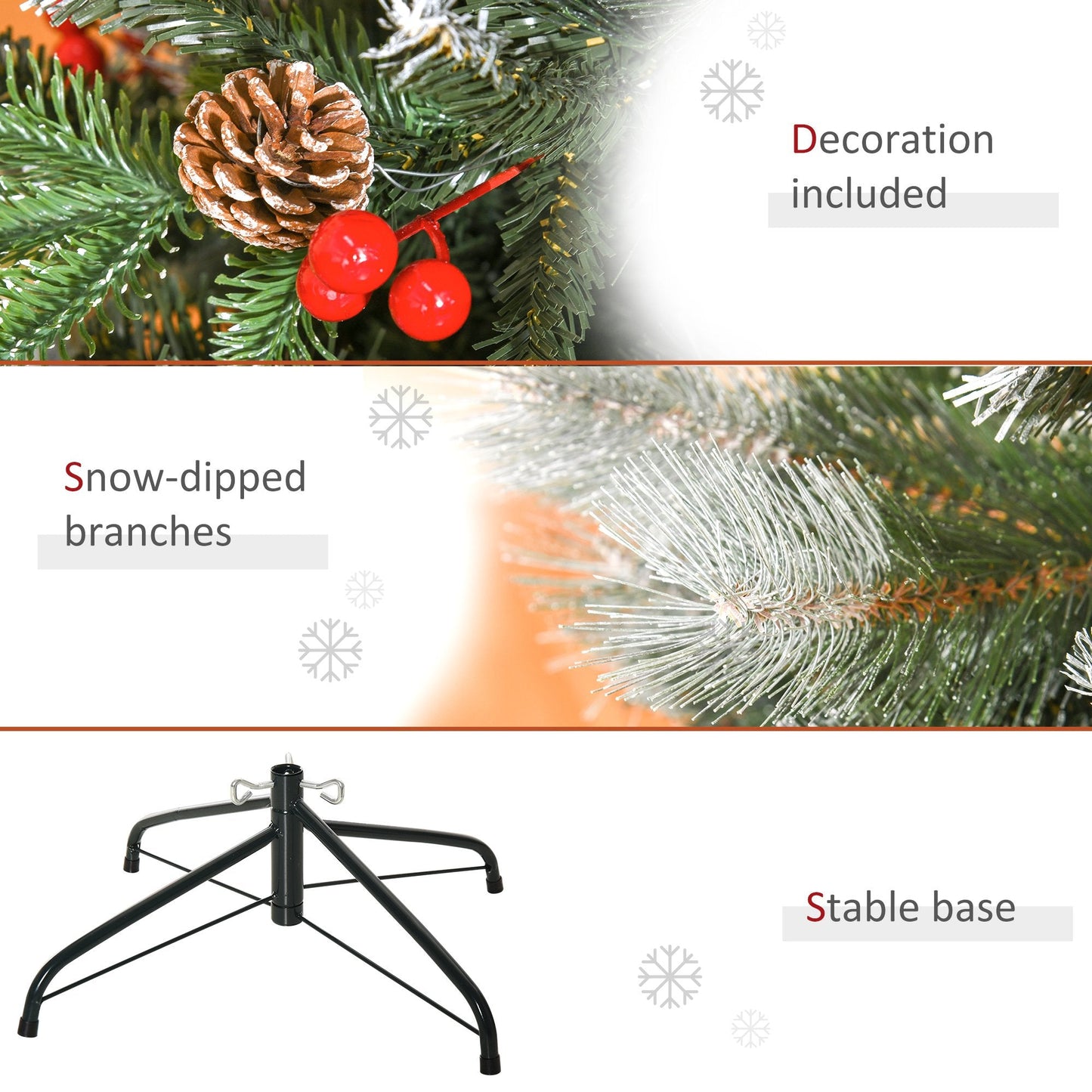 5FT Artificial Snow Dipped Christmas Tree Xmas Pencil Tree with Foldable Feet Red Berries White Pinecones