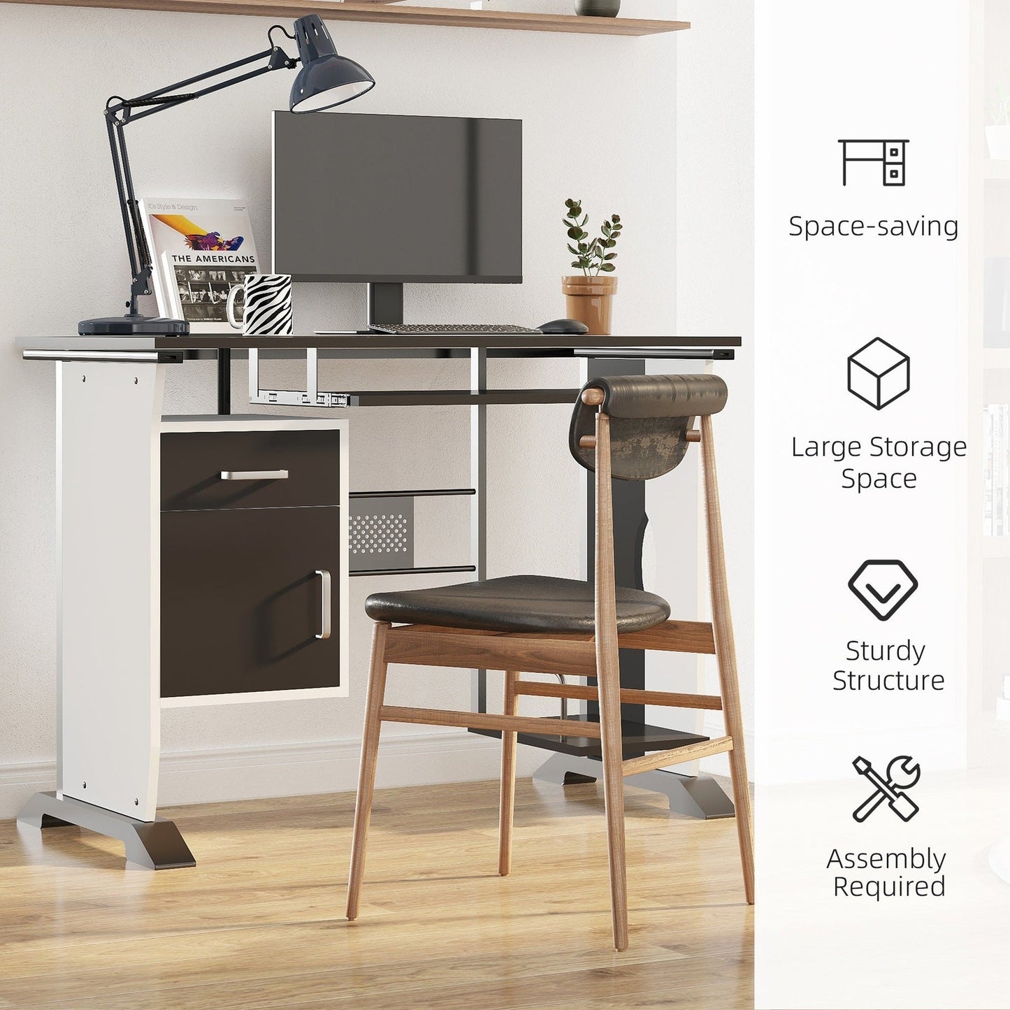 Computer Desk with Sliding Keyboard Tray Storage Drawers and Host Box Shelf Home Office Workstation Black