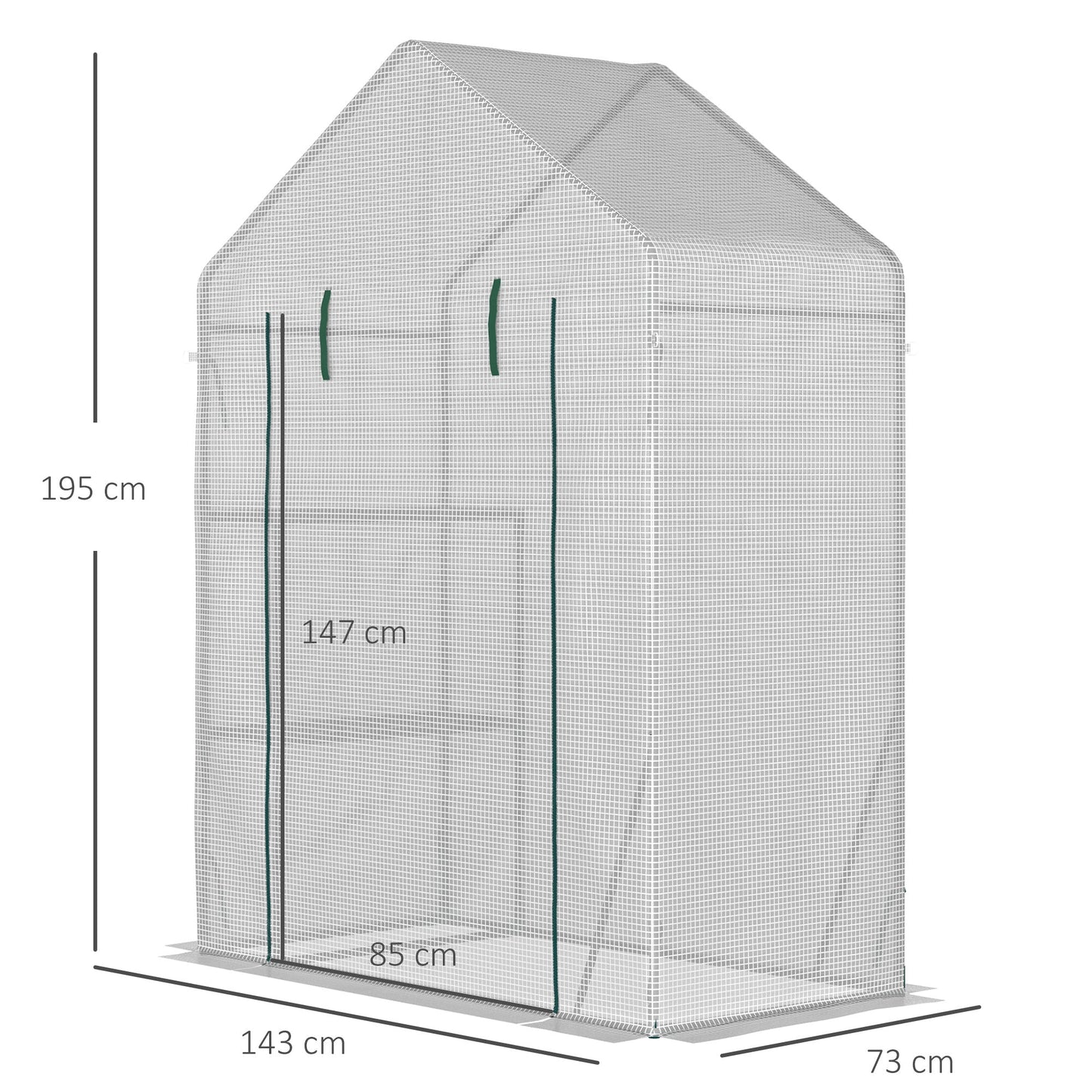 Outsunny Walk In Greenhouse with 2 Tier Shelf, Portable Gardening Plant Grow House with Roll up Zip Panel Door, Reinforced PE Cover, 143 x 73 x 195cm, Green