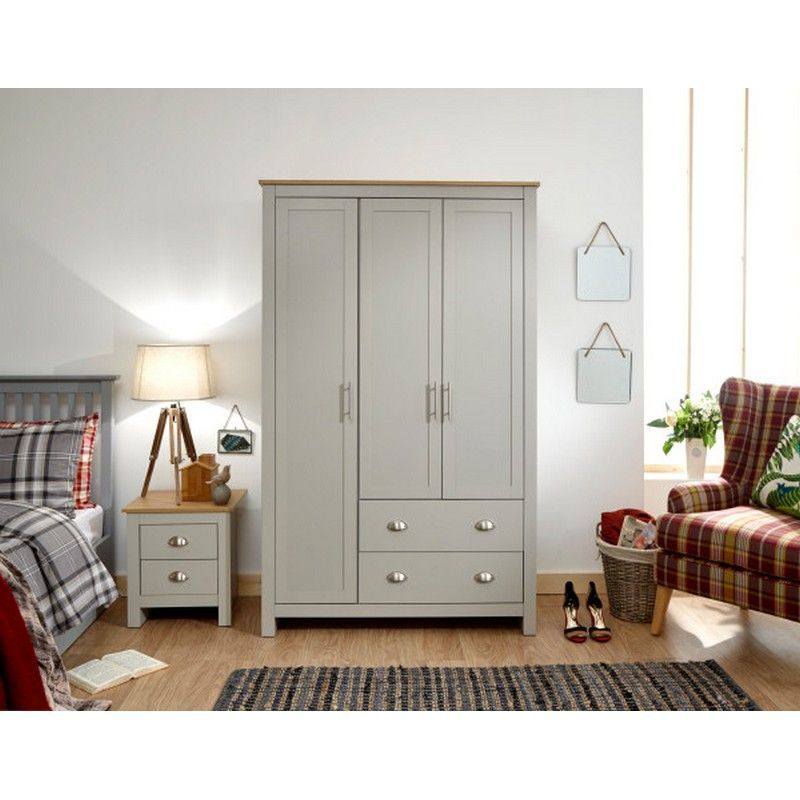 Lancaster Tall Wardrobe Grey 3 Doors 1 Shelf 2 Drawers