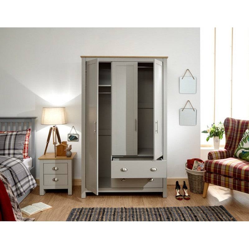 Lancaster Tall Wardrobe Grey 3 Doors 1 Shelf 2 Drawers