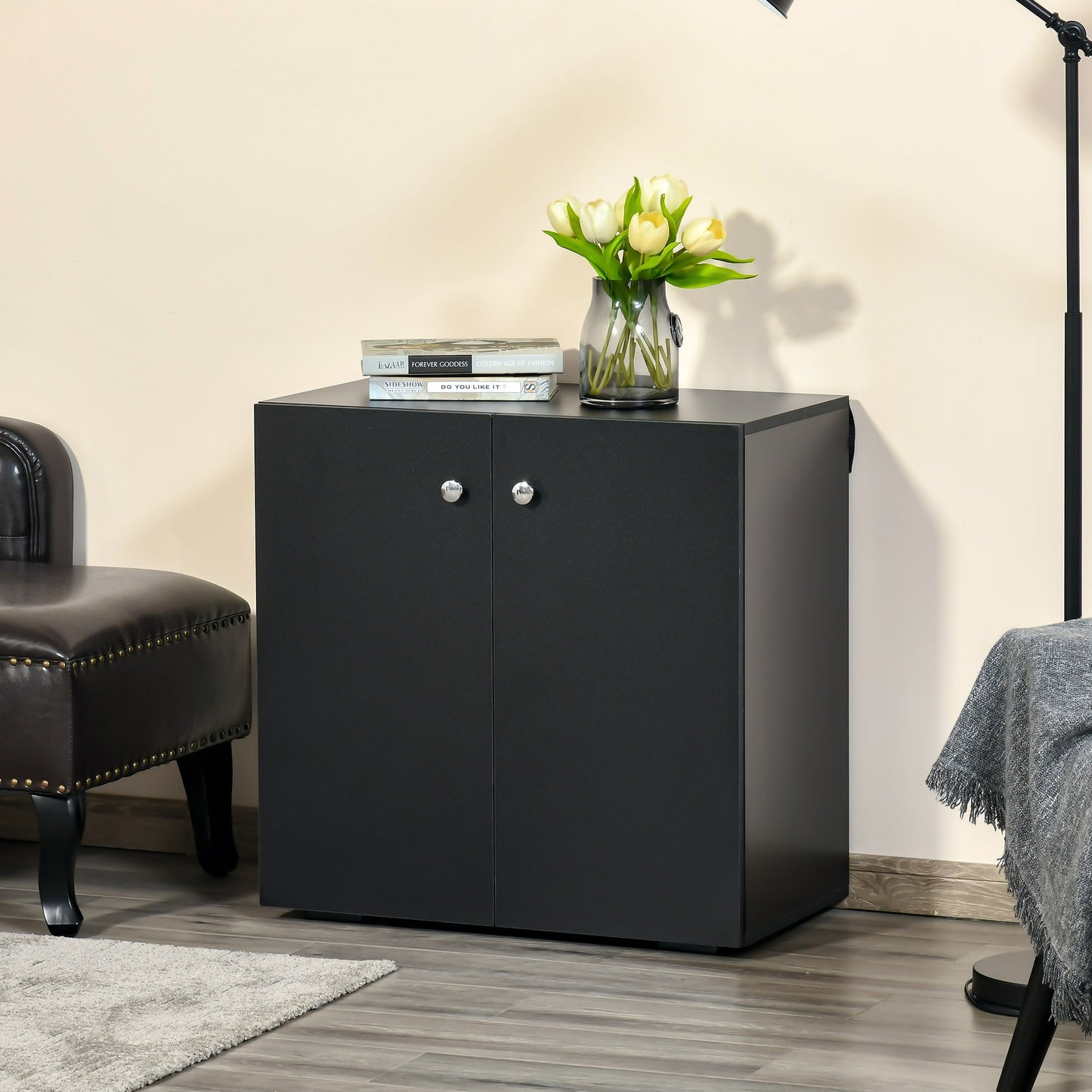 Storage Cabinet With Two Shelves Wooden Sideboard Freestanding Kitchen Cupboard Bookcase Black