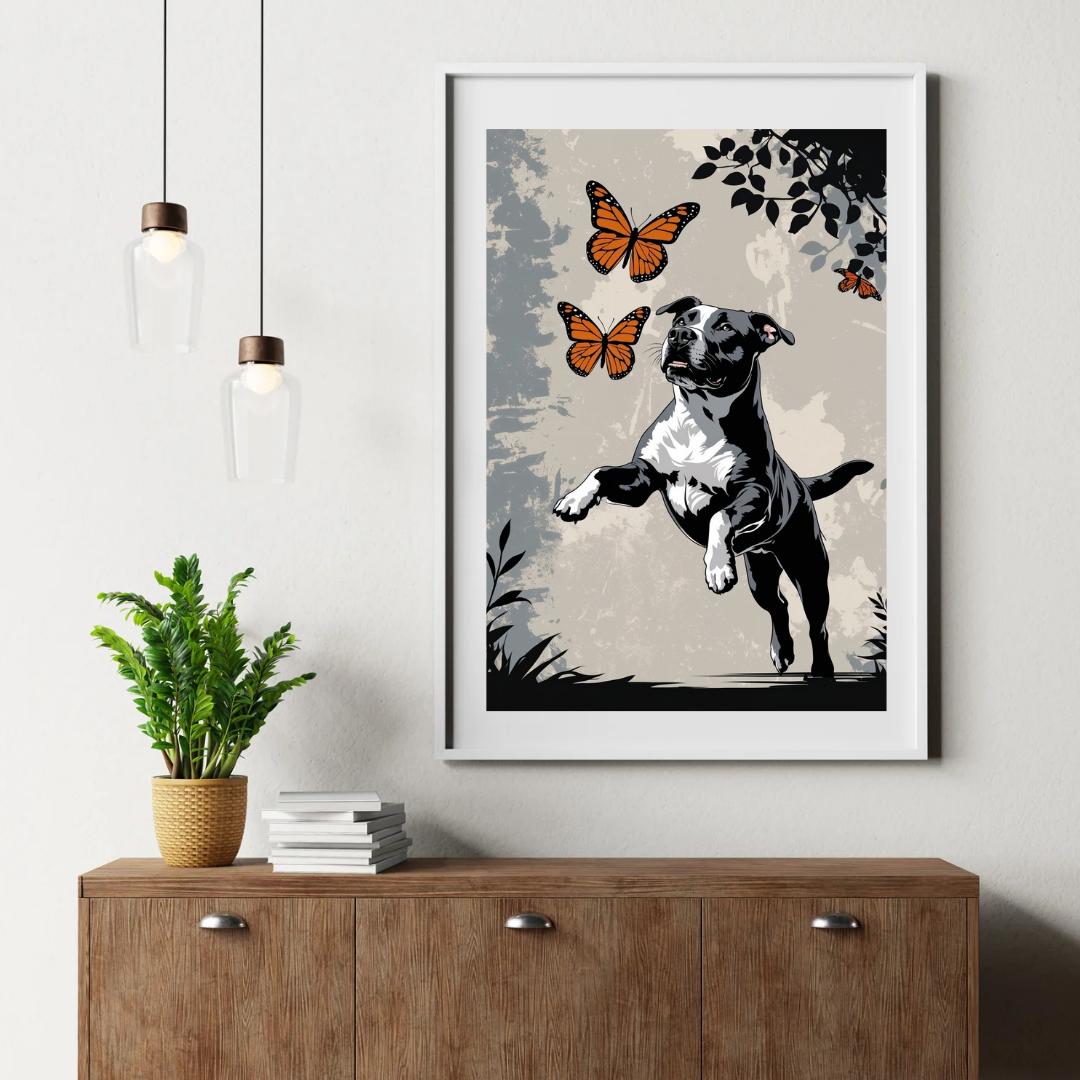 Joy in Flight – Dog Chasing Butterflies Wall Art Print