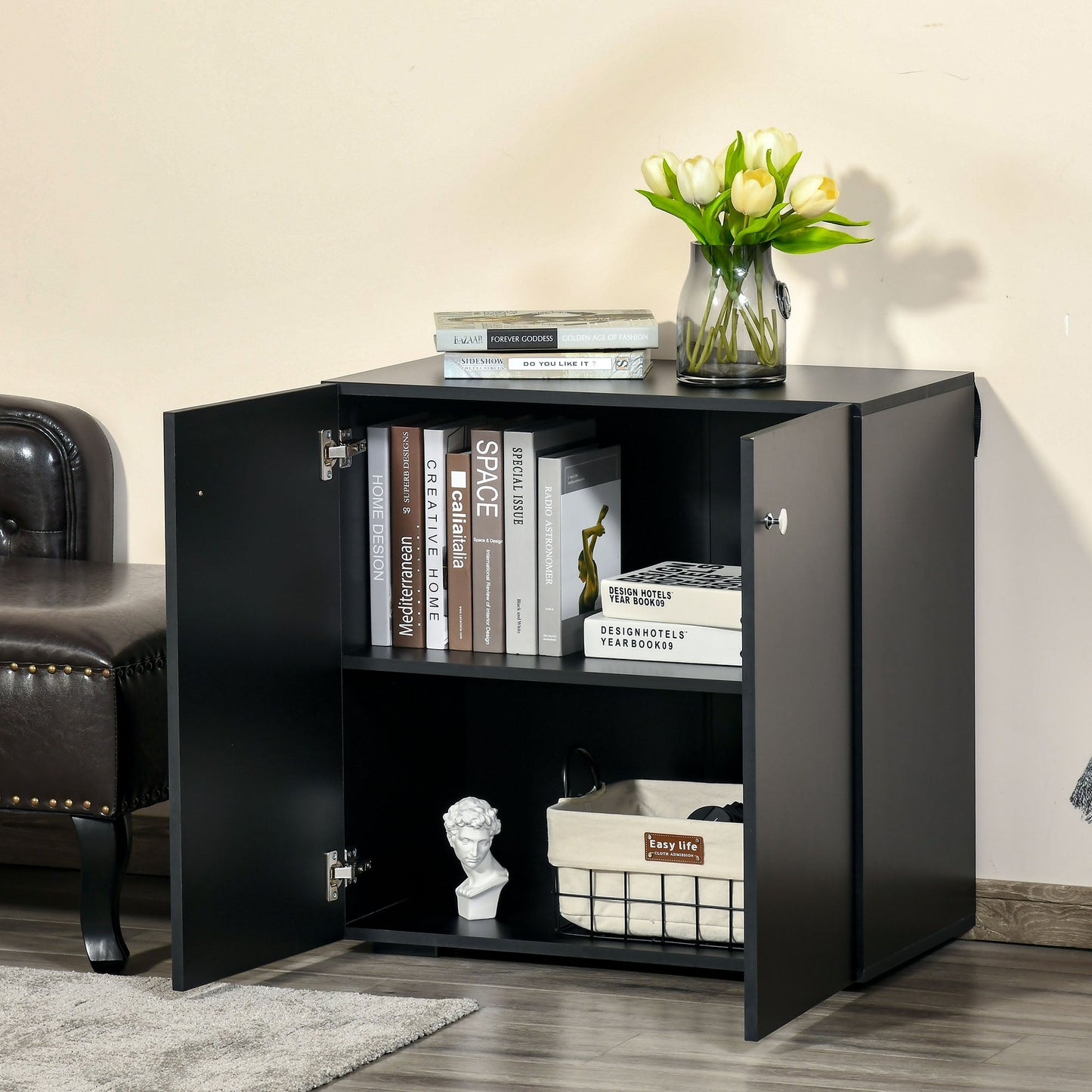 Storage Cabinet With Two Shelves Wooden Sideboard Freestanding Kitchen Cupboard Bookcase Black