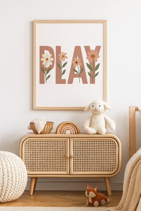 Minimalist Floral PLAY Wall Art – Boho Style Kids Room Print