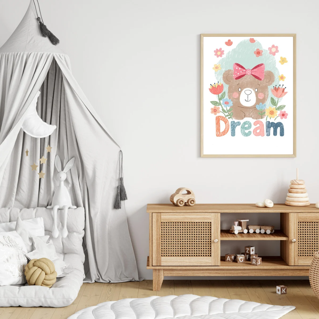 Dream Bear Wall Art – Floral Nursery Print for Girls