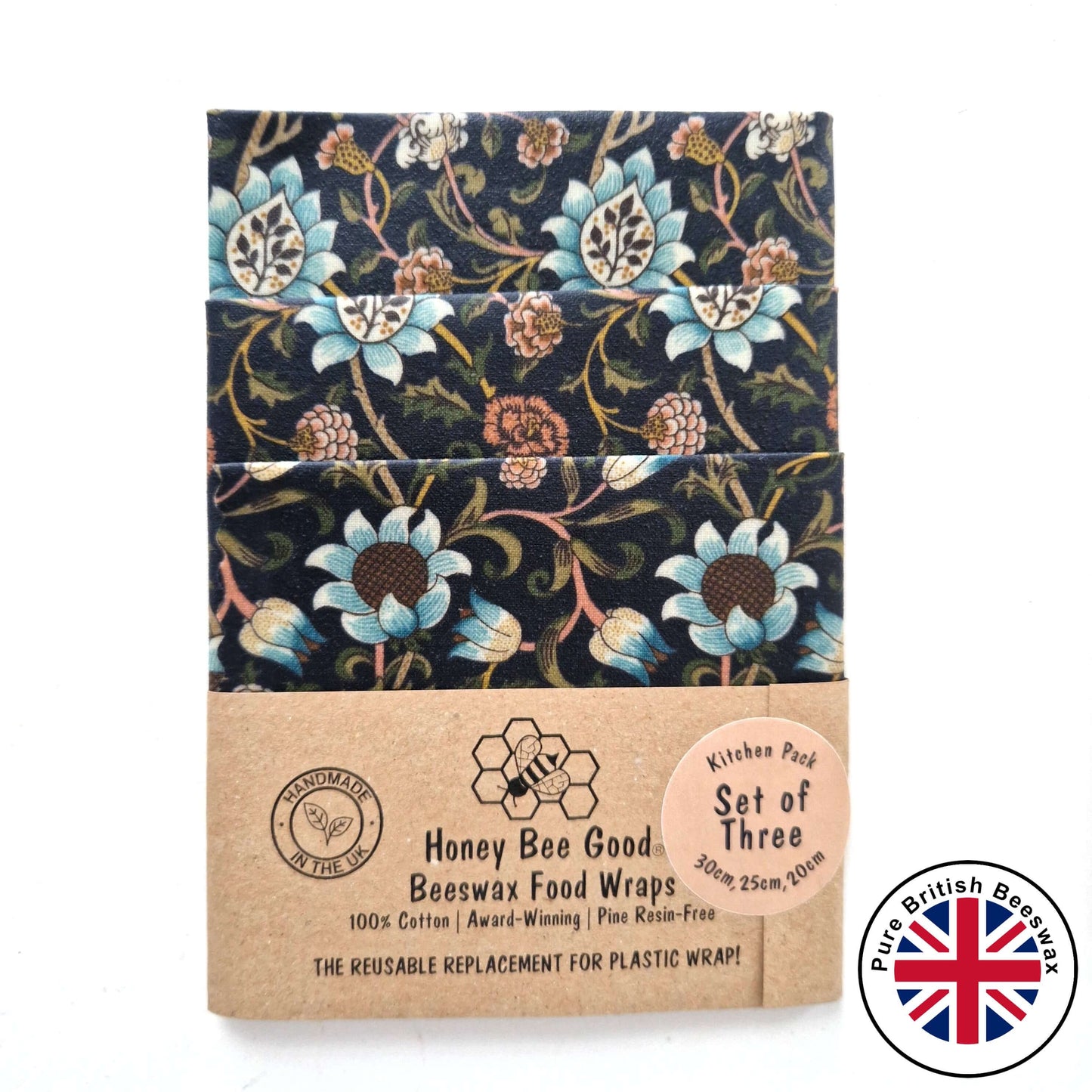 *British Beeswax Set of 3 Handmade Beeswax Wraps | William Morris Evenlode Blue