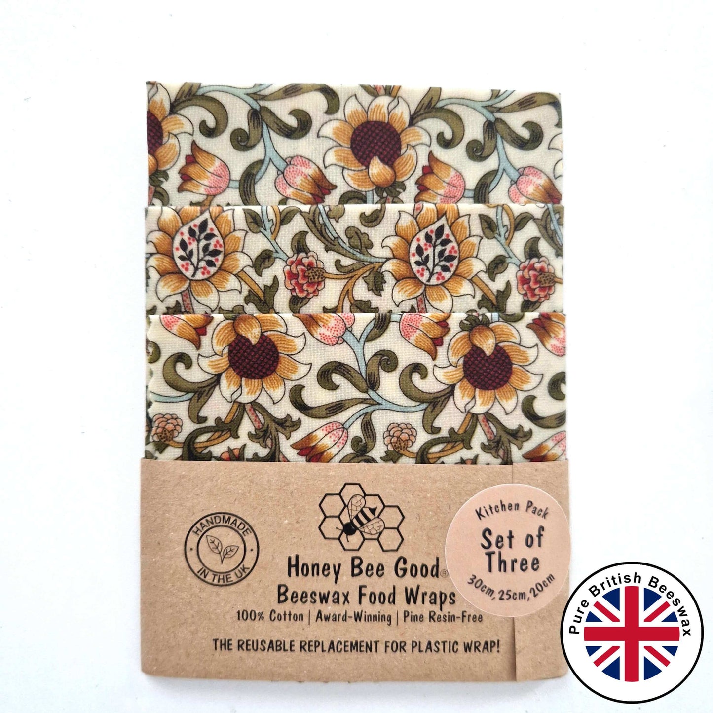 *British Beeswax Set of 3 Handmade Beeswax Wraps | William Morris Evenlode Natural